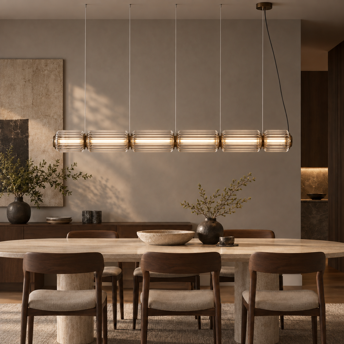 Fluted Glass Linear Pendant Light, Italian Style Island