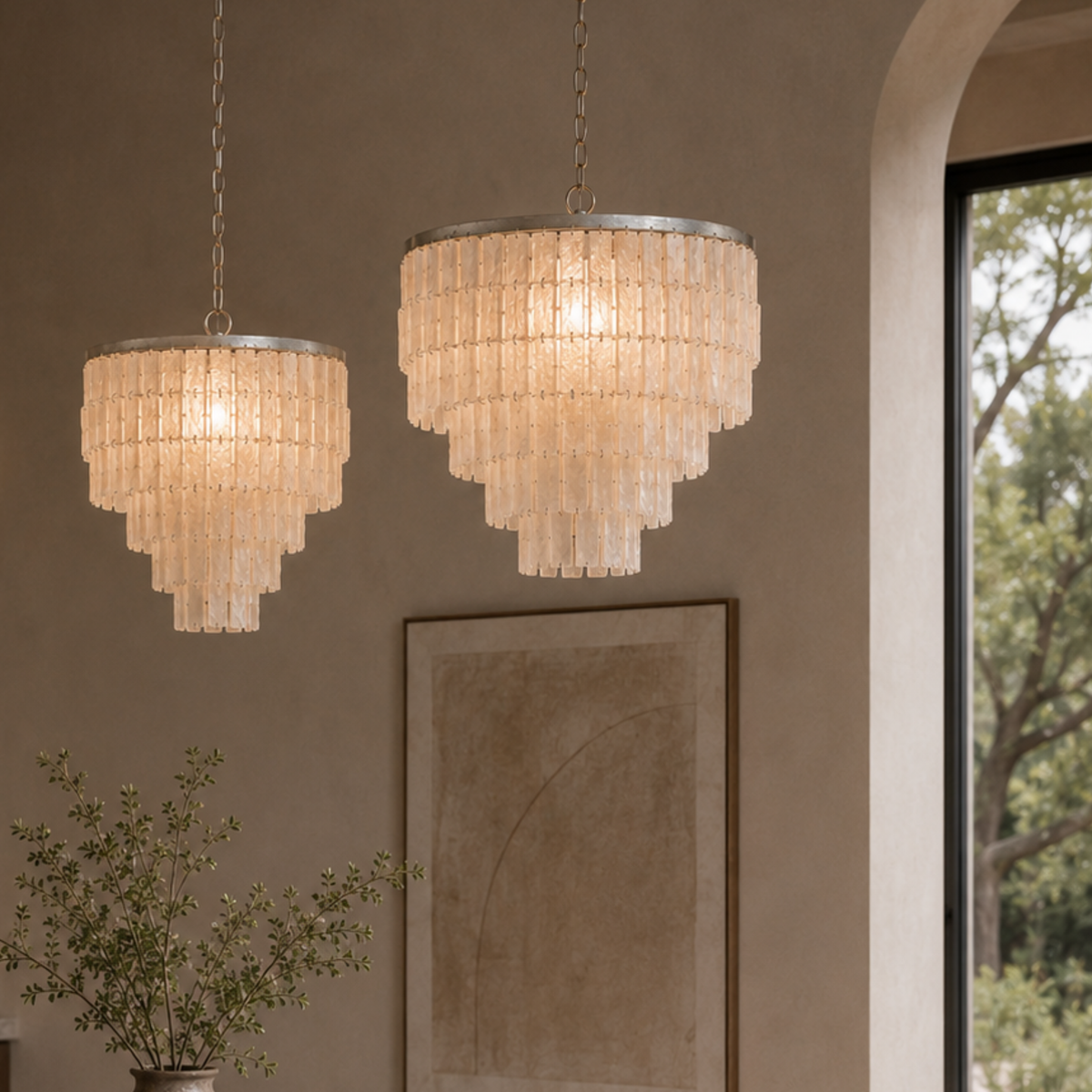 Natural Shell Tiered Chandelier, Coastal Round Pendant