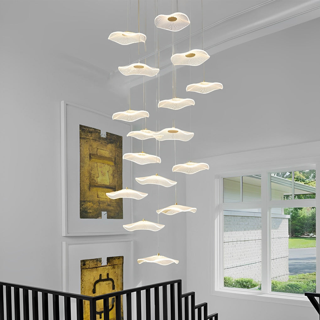 Lotus Leaf Acrylic Staircase Chandelier, Gold Iron Long Drop Light