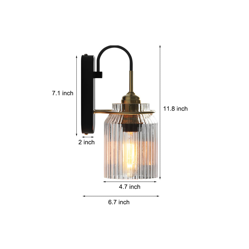 Ribbed Glass Jar Wall Sconce, Gold and Black Wall Light