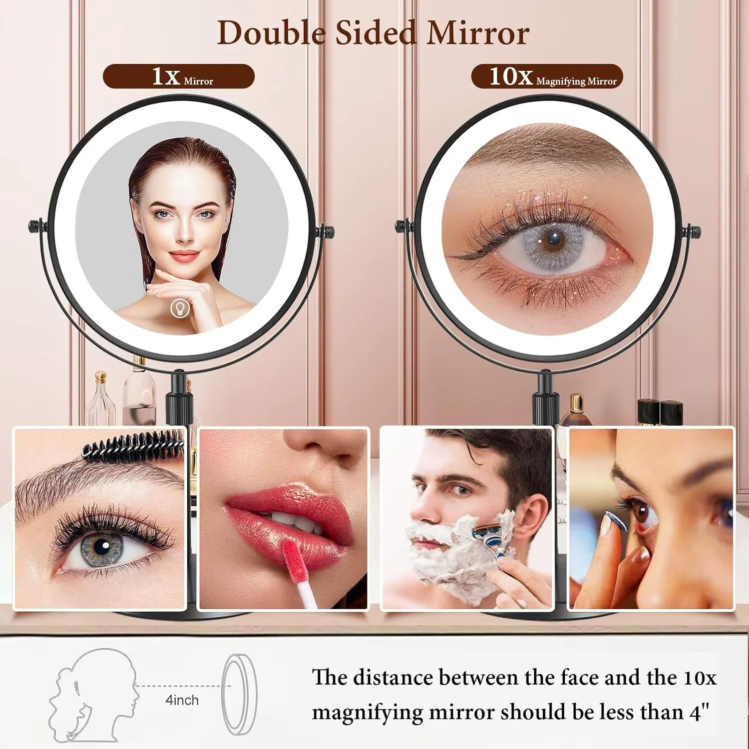 Lighted Makeup Mirror with 1X/10X Magnification, HD Tabletop