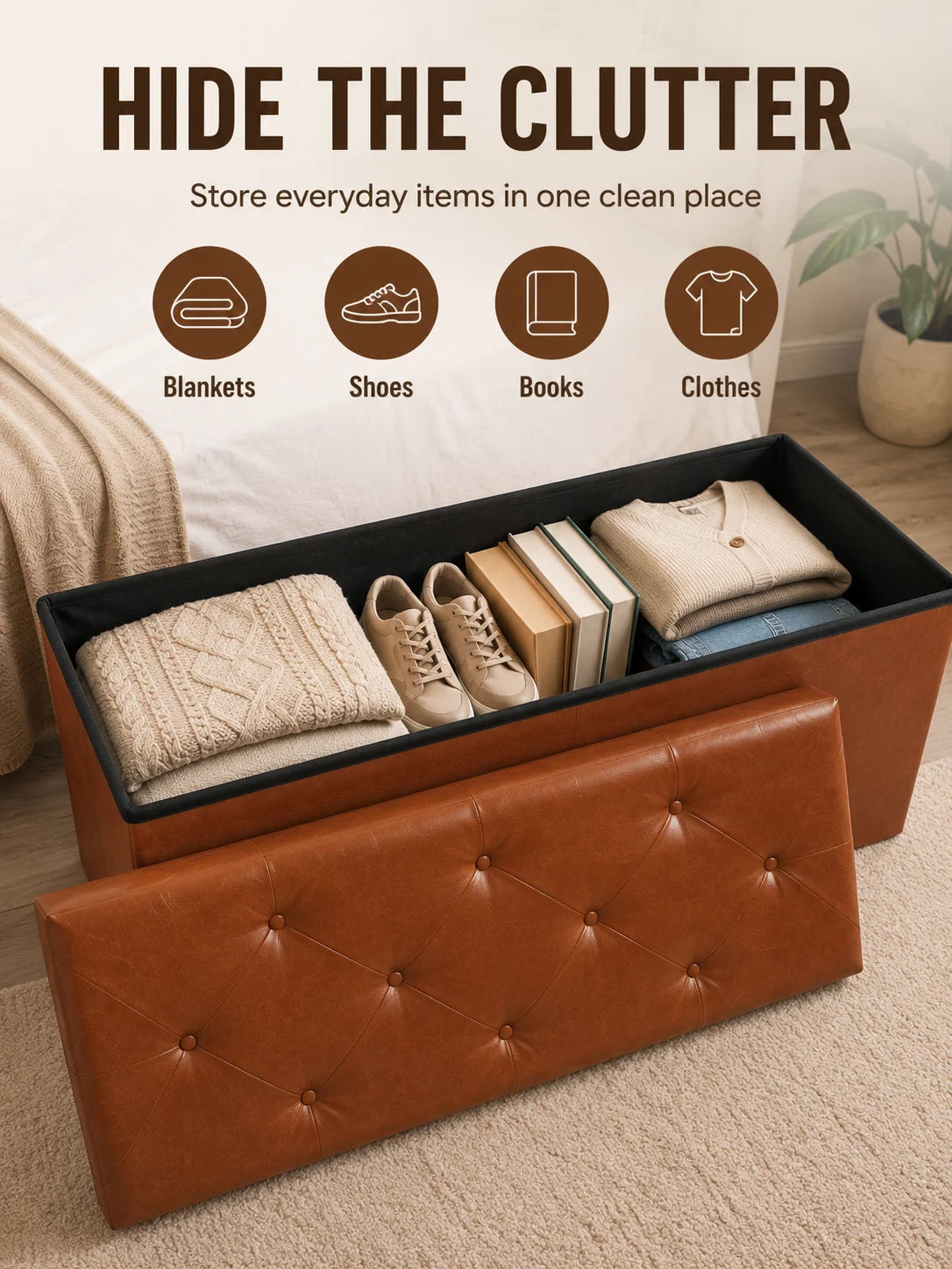 Folding Faux Leather Storage Bench