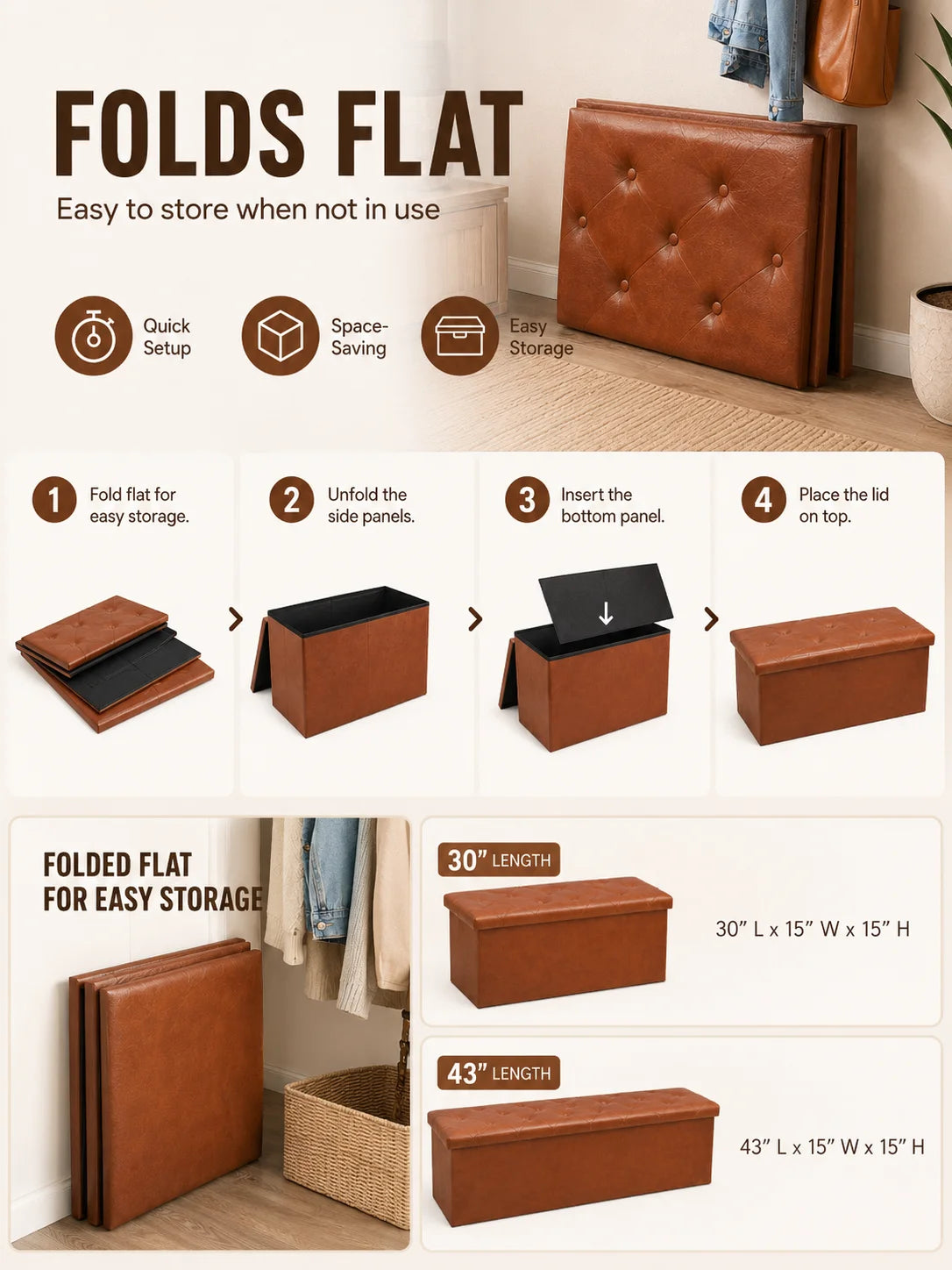 Folding Faux Leather Storage Bench