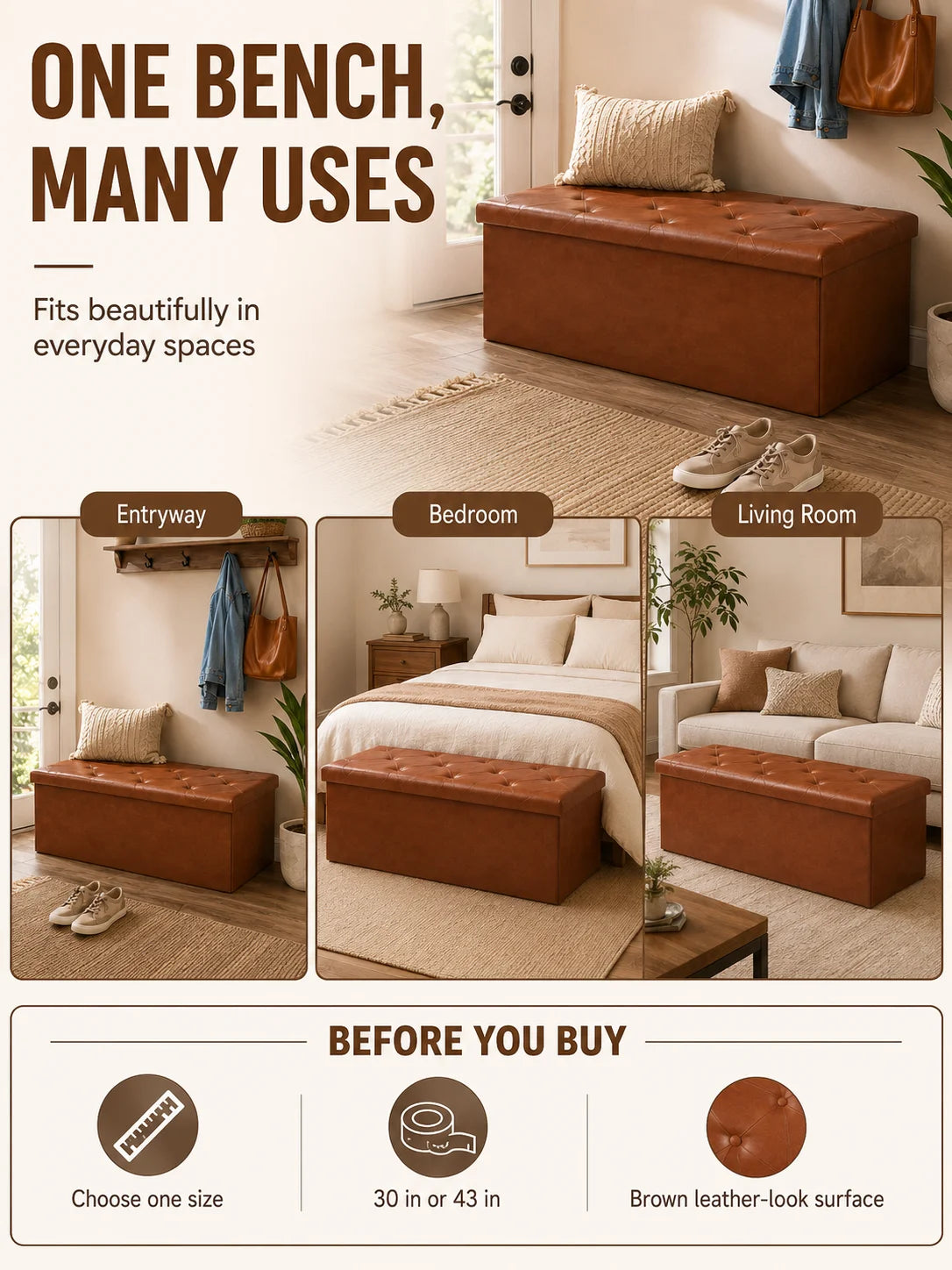 Folding Faux Leather Storage Bench