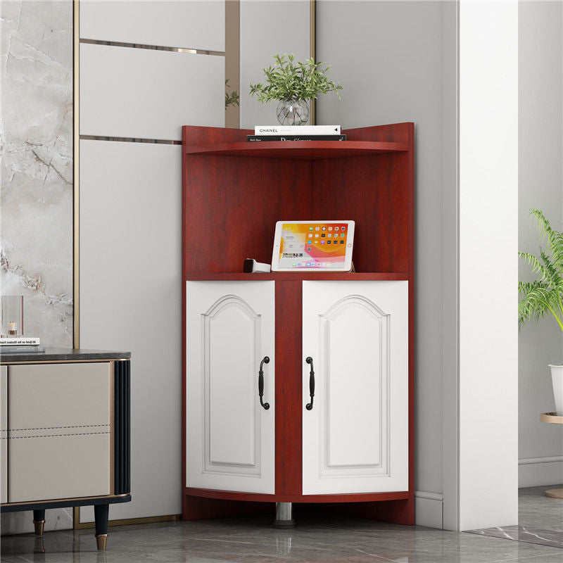 Contemporary Nordic Triangular Solid Wood Eco-Panel Corner Shelf Unit With 2-Cabinet 2-Tier For Living Room