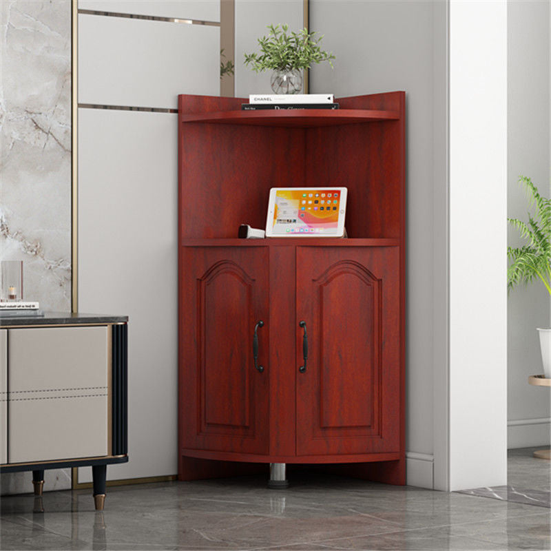 Contemporary Nordic Triangular Solid Wood Eco-Panel Corner Shelf Unit With 2-Cabinet 2-Tier For Living Room