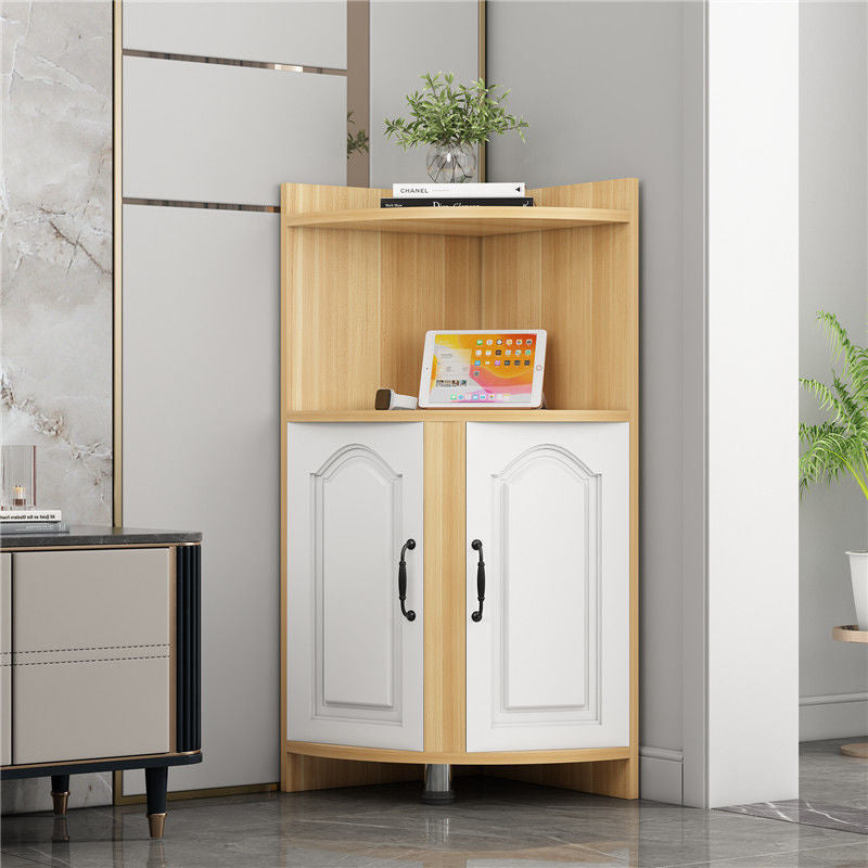 Contemporary Nordic Triangular Solid Wood Eco-Panel Corner Shelf Unit With 2-Cabinet 2-Tier For Living Room