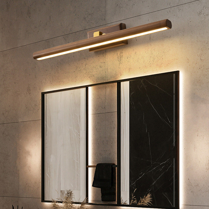 Traditional Japanese Long Cylindrical Straight Line Rotatable Walnut Copper LED Vanity Light Mirror Front Wall Sconce Lamp For Bathroom