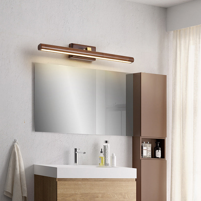 Traditional Japanese Long Cylindrical Straight Line Rotatable Walnut Copper LED Vanity Light Mirror Front Wall Sconce Lamp For Bathroom