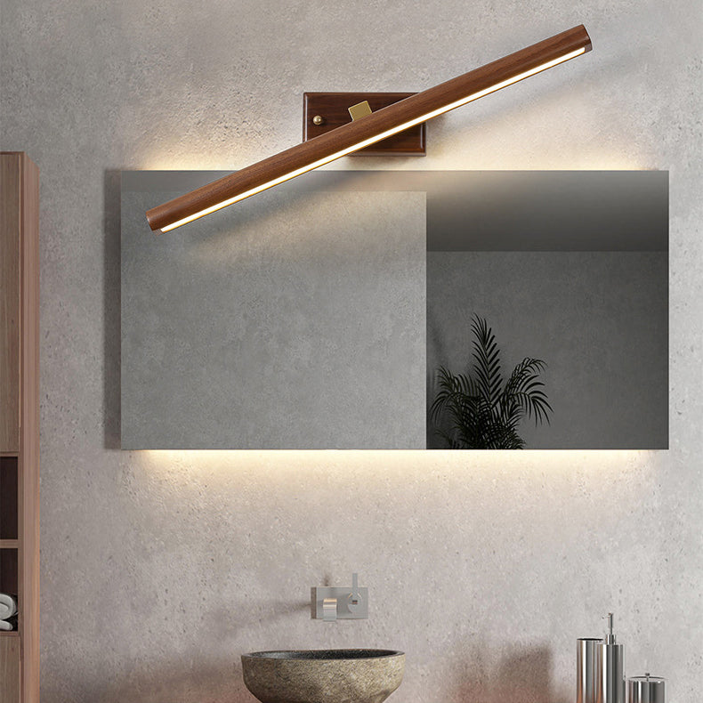 Traditional Japanese Long Cylindrical Straight Line Rotatable Walnut Copper LED Vanity Light Mirror Front Wall Sconce Lamp For Bathroom