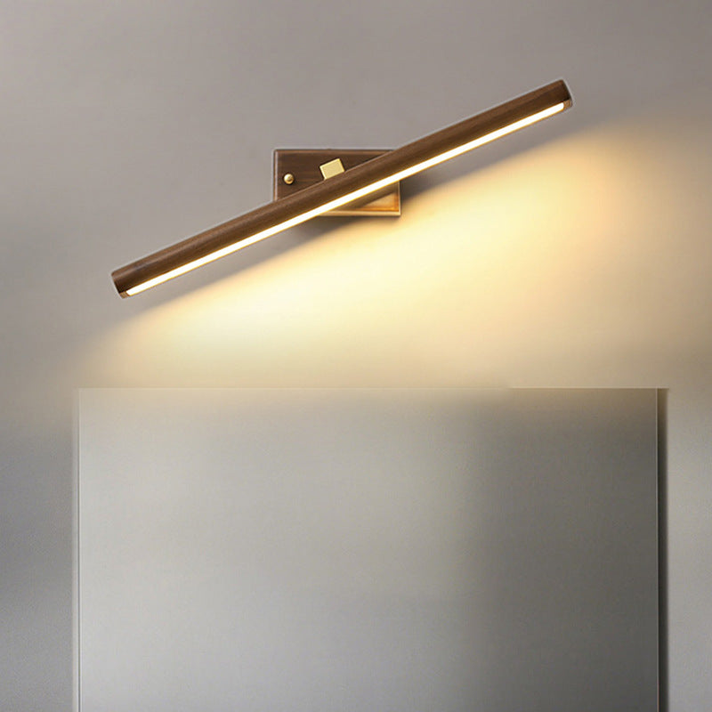 Traditional Japanese Long Cylindrical Straight Line Rotatable Walnut Copper LED Vanity Light Mirror Front Wall Sconce Lamp For Bathroom