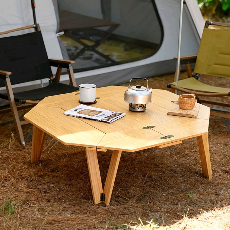Modern Minimalist Solid Wood & Metal Octagonal Folding Coffee Table Portable Outdoor Patio Camping Table
