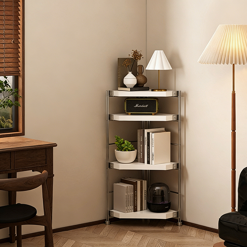 Modern Minimalist Particleboard & Steel Triangle Corner Shelf Unit With 4-Tiers For Living Room And Home Office