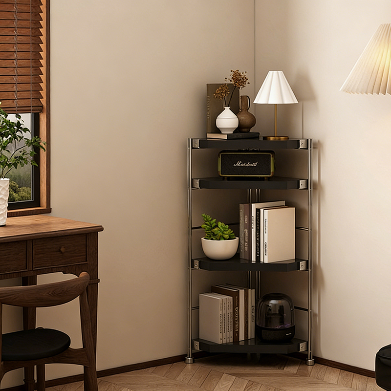 Modern Minimalist Particleboard & Steel Triangle Corner Shelf Unit With 4-Tiers For Living Room And Home Office