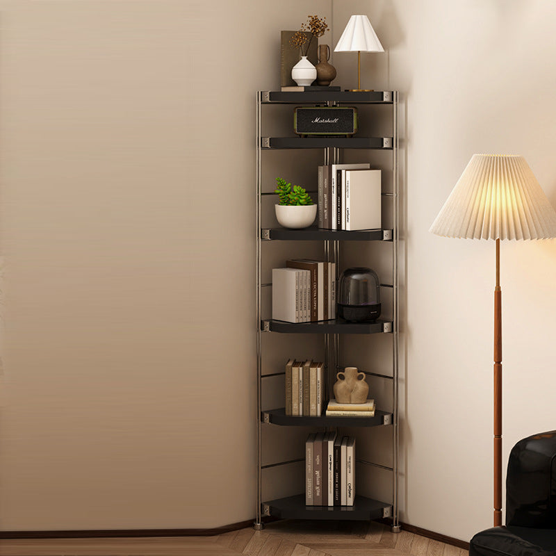 Modern Minimalist Particleboard & Steel Triangle Corner Shelf Unit With 4-Tiers For Living Room And Home Office