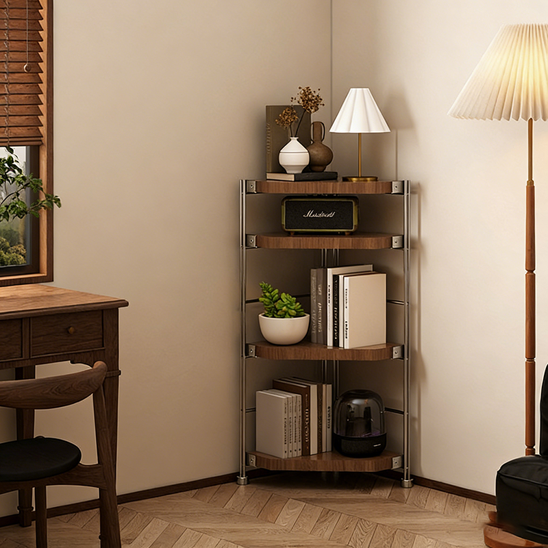 Modern Minimalist Particleboard & Steel Triangle Corner Shelf Unit With 4-Tiers For Living Room And Home Office