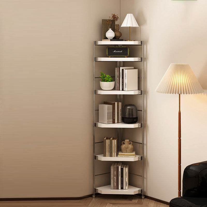 Modern Minimalist Particleboard & Steel Triangle Corner Shelf Unit With 4-Tiers For Living Room And Home Office