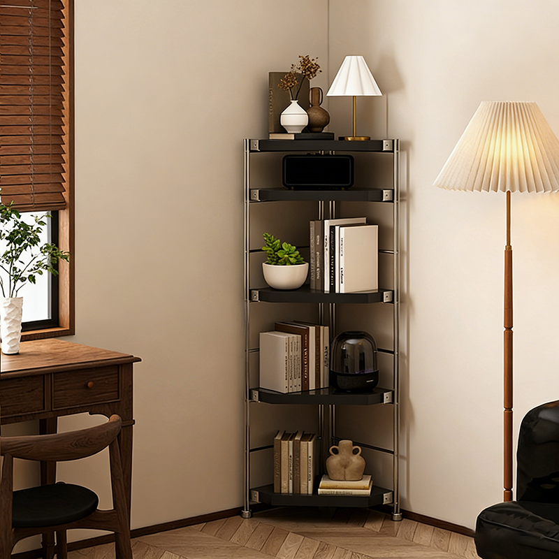 Modern Minimalist Particleboard & Steel Triangle Corner Shelf Unit With 4-Tiers For Living Room And Home Office