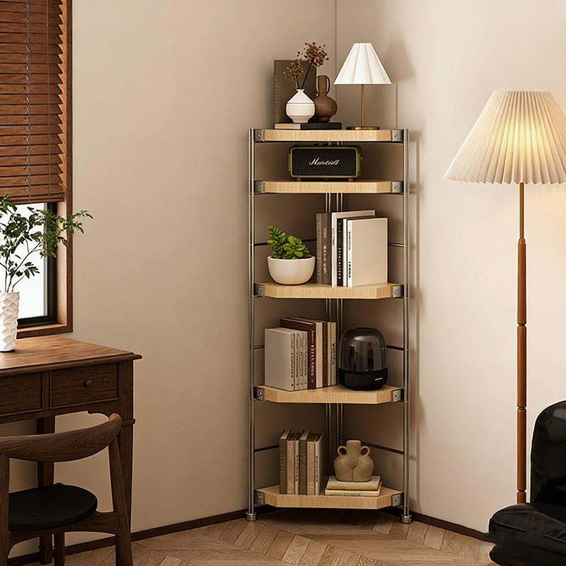 Modern Minimalist Particleboard & Steel Triangle Corner Shelf Unit With 4-Tiers For Living Room And Home Office
