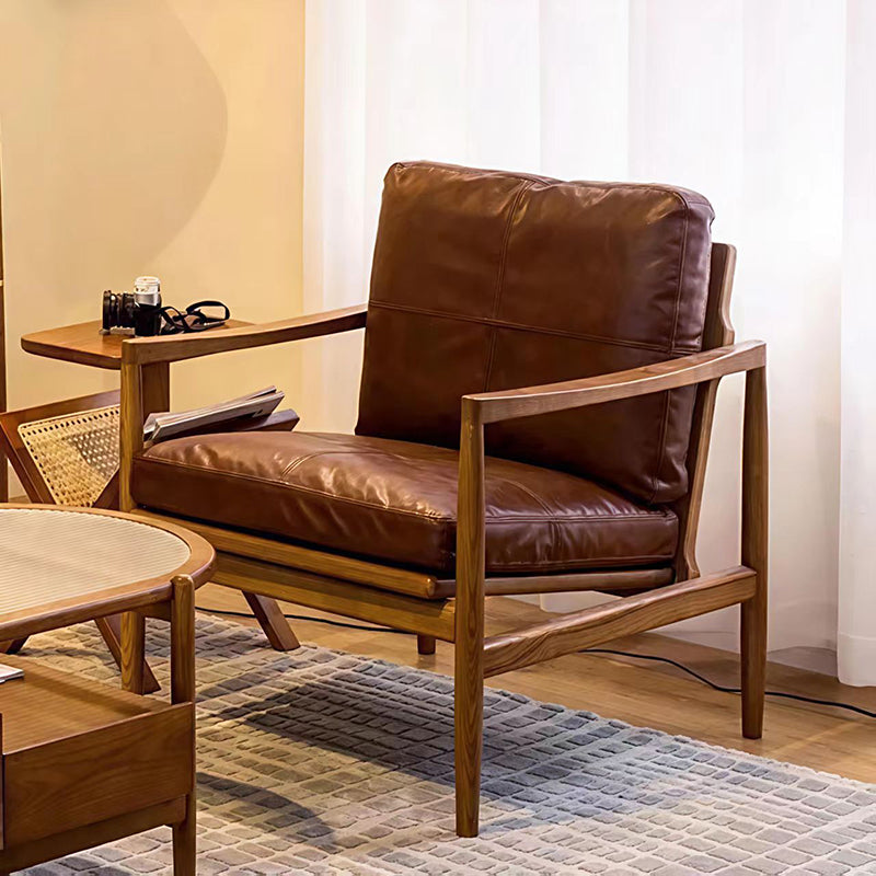 Traditional Vintage Rectangular Oil-Waxed Leather Solid Wood Accent Chair Backrest Armrest For Living Room