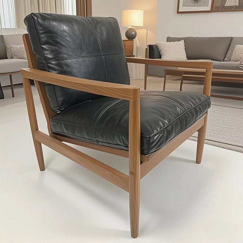 Traditional Vintage Rectangular Oil-Waxed Leather Solid Wood Accent Chair Backrest Armrest For Living Room