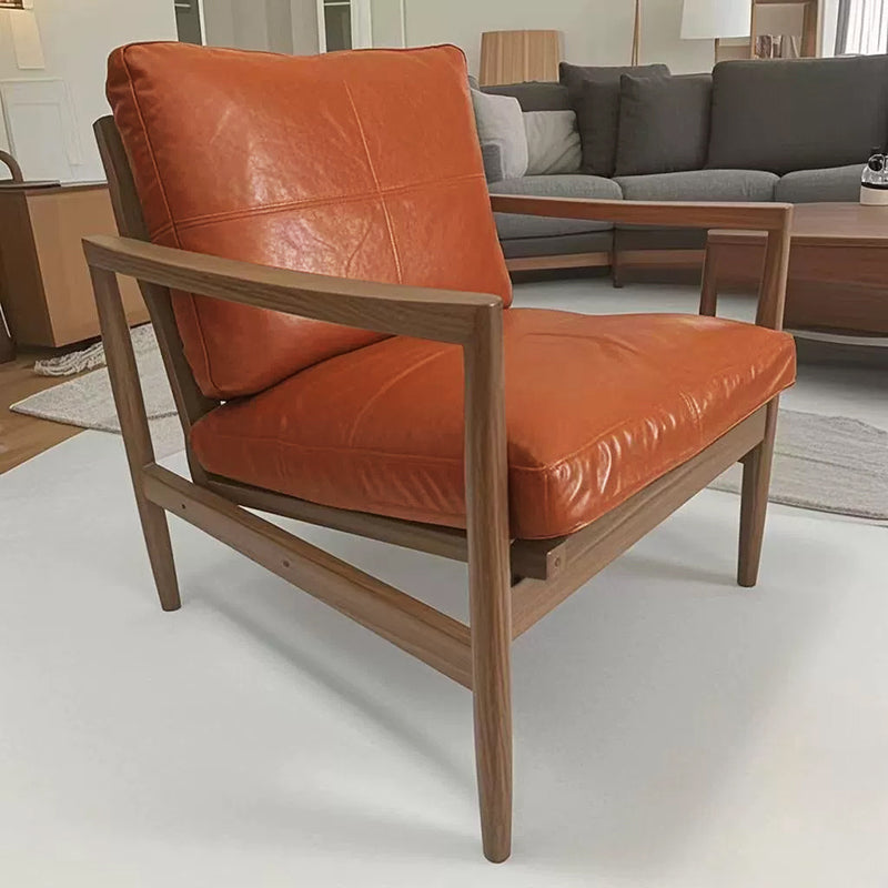 Traditional Vintage Rectangular Oil-Waxed Leather Solid Wood Accent Chair Backrest Armrest For Living Room
