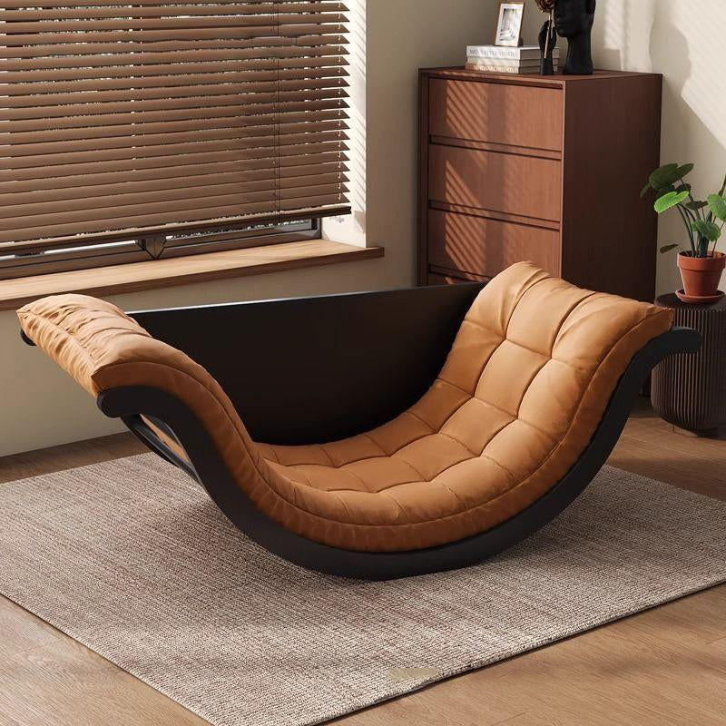 Nordic Faux Leather Cotton-Linen Wood Moon Boat Rocking Chair