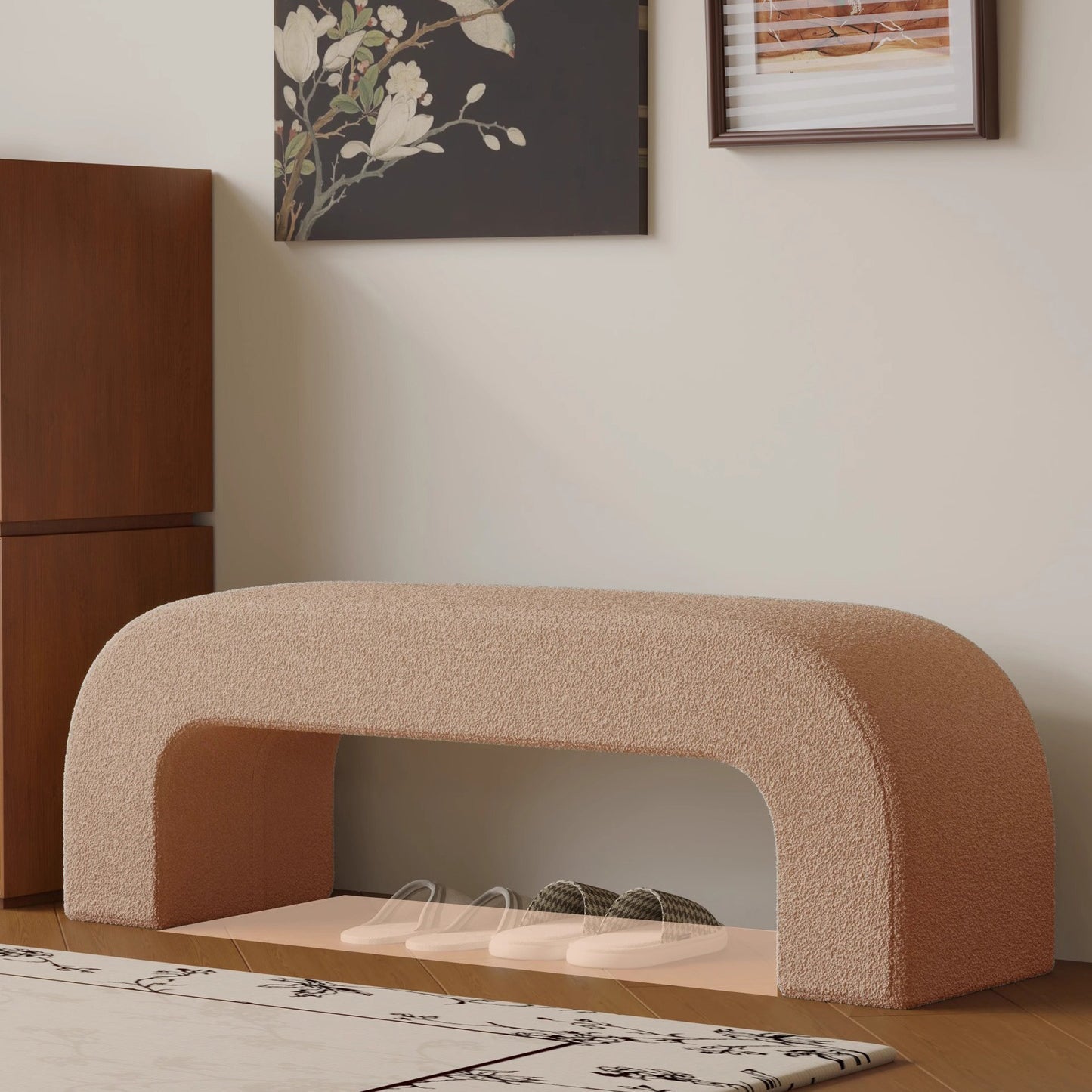 Modern Minimalist Wood Lambswool And PU Leather Rectangular Bench For Entryway And Living Room
