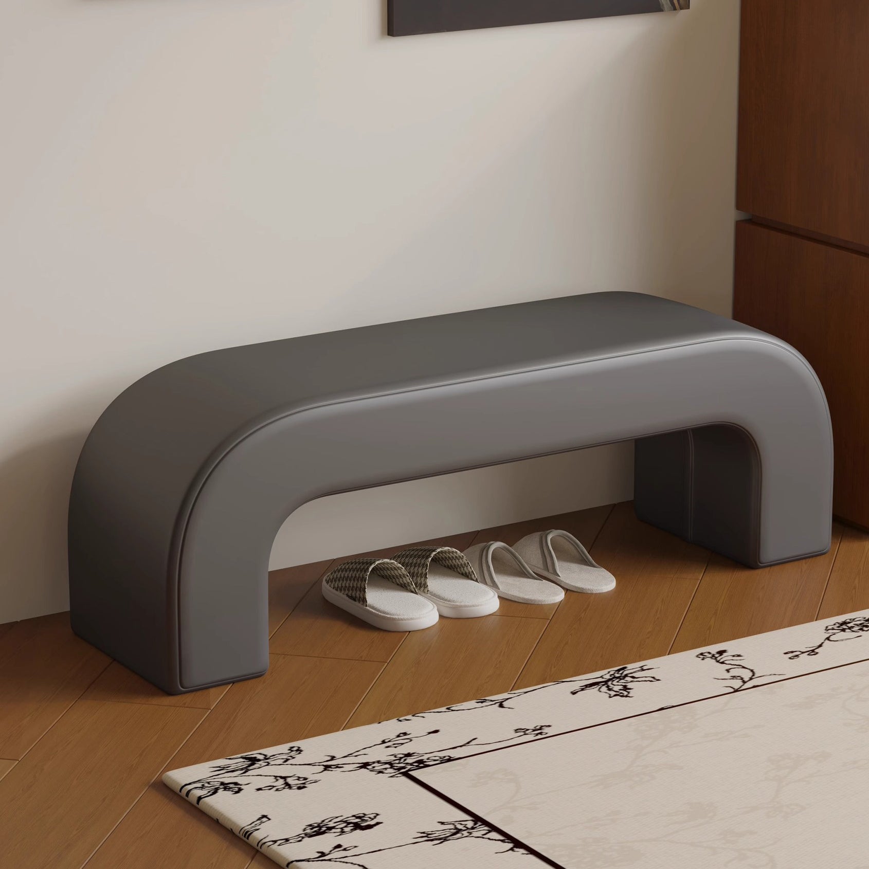 Modern Minimalist Wood Lambswool And PU Leather Rectangular Bench For Entryway And Living Room