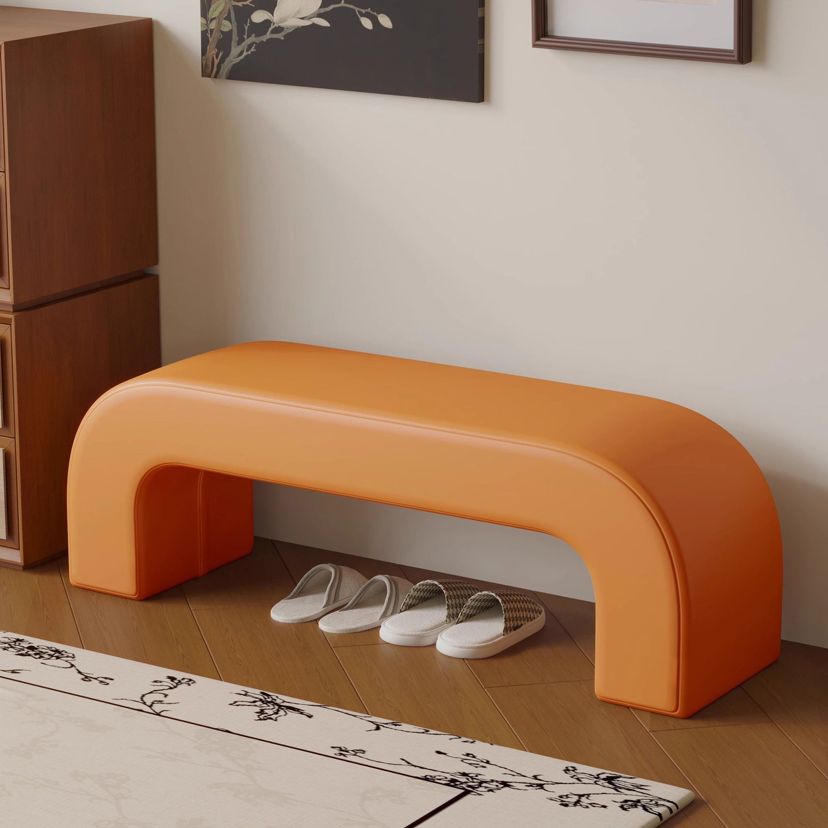 Modern Minimalist Wood Lambswool And PU Leather Rectangular Bench For Entryway And Living Room