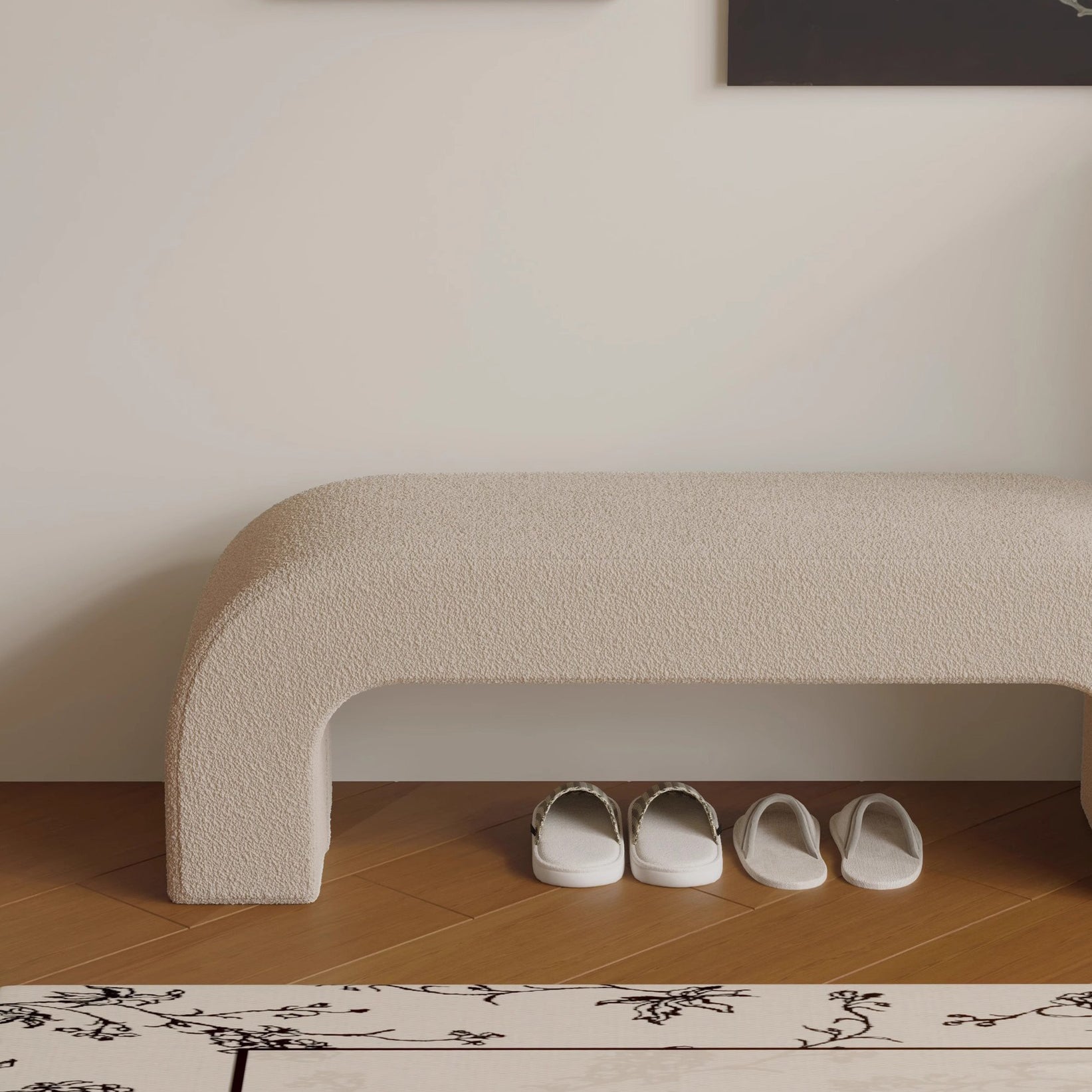 Modern Minimalist Wood Lambswool And PU Leather Rectangular Bench For Entryway And Living Room