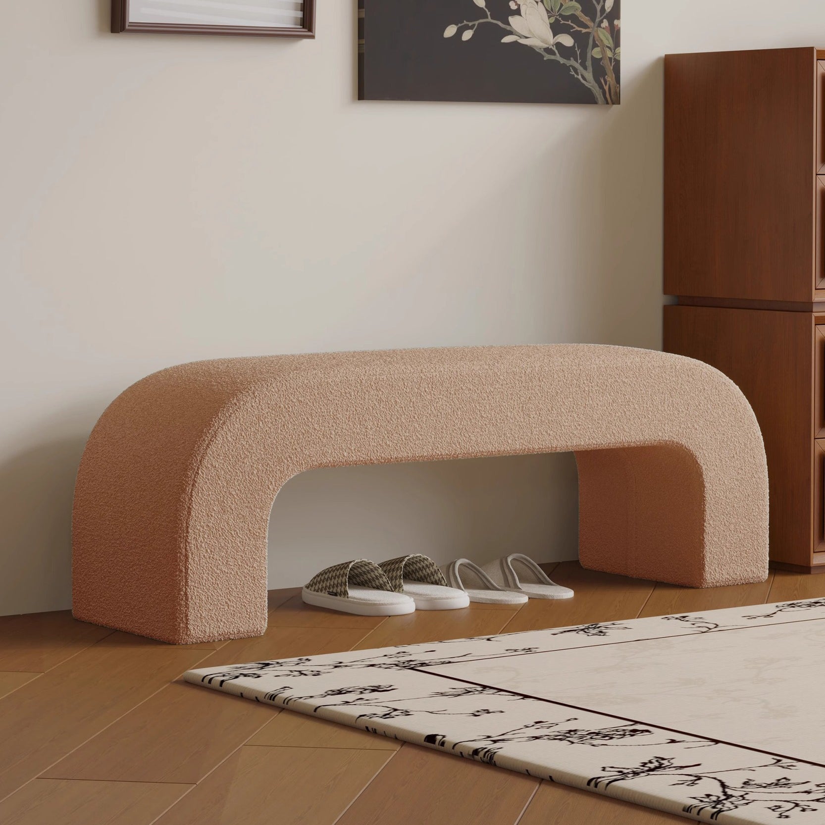 Modern Minimalist Wood Lambswool And PU Leather Rectangular Bench For Entryway And Living Room