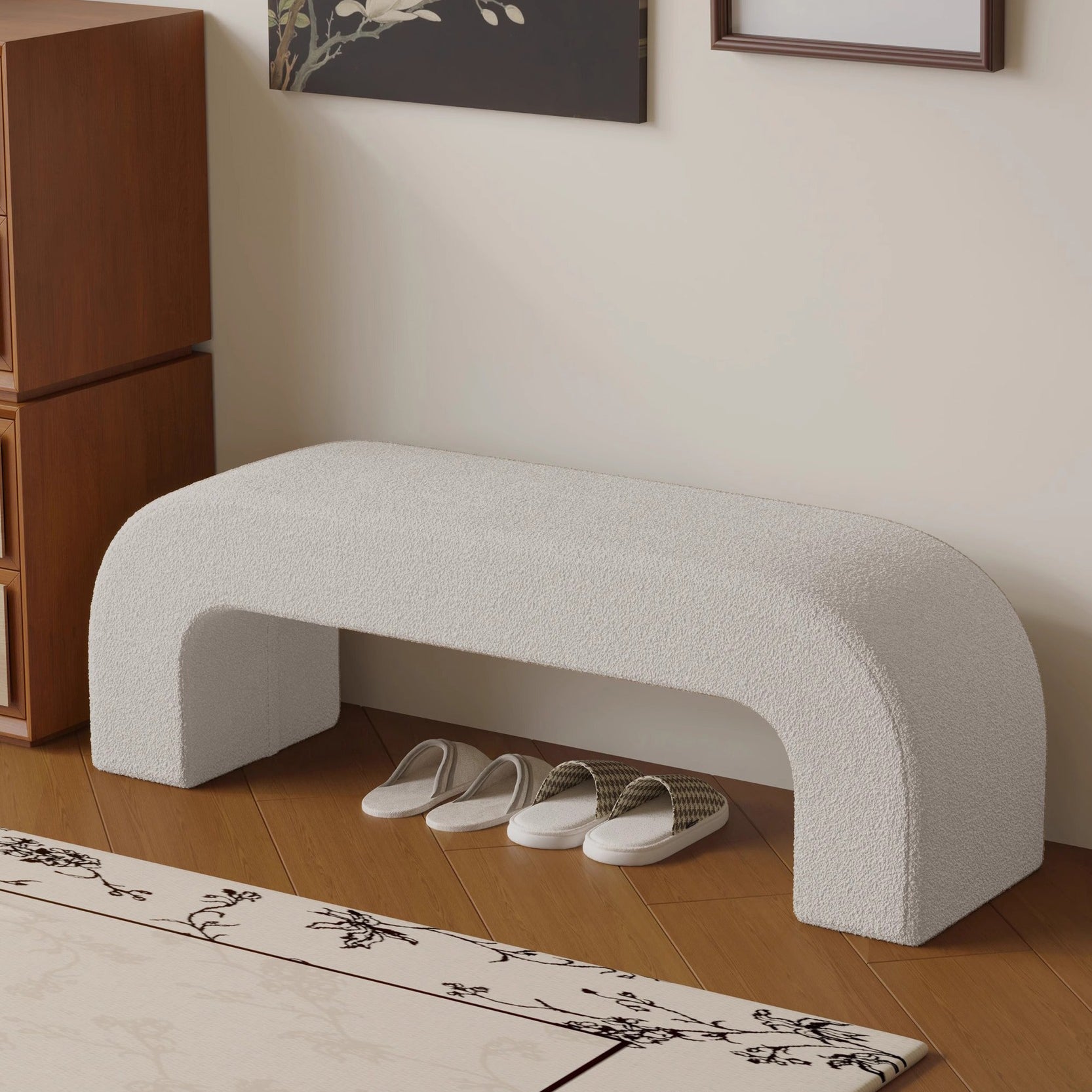 Modern Minimalist Wood Lambswool And PU Leather Rectangular Bench For Entryway And Living Room