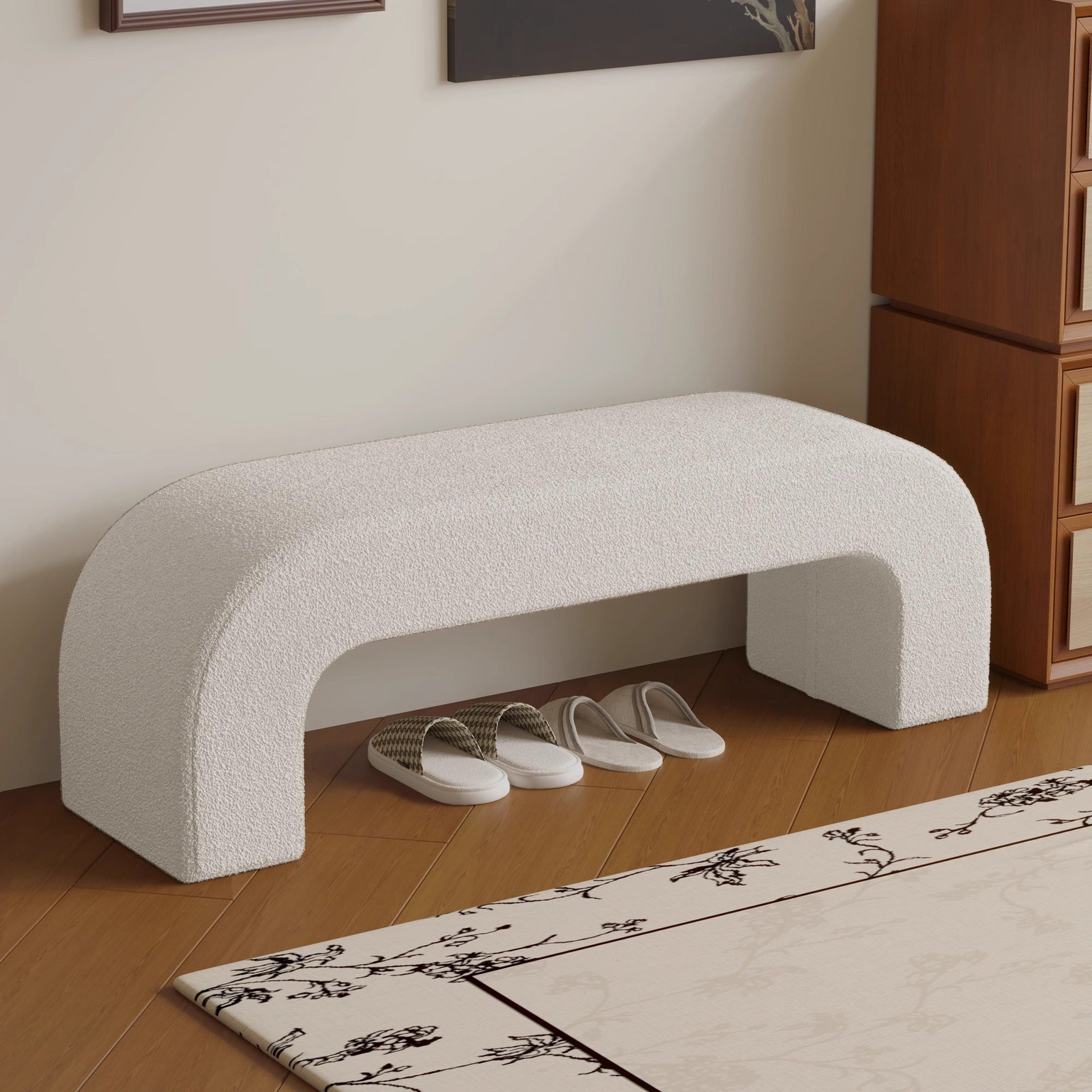 Modern Minimalist Wood Lambswool And PU Leather Rectangular Bench For Entryway And Living Room