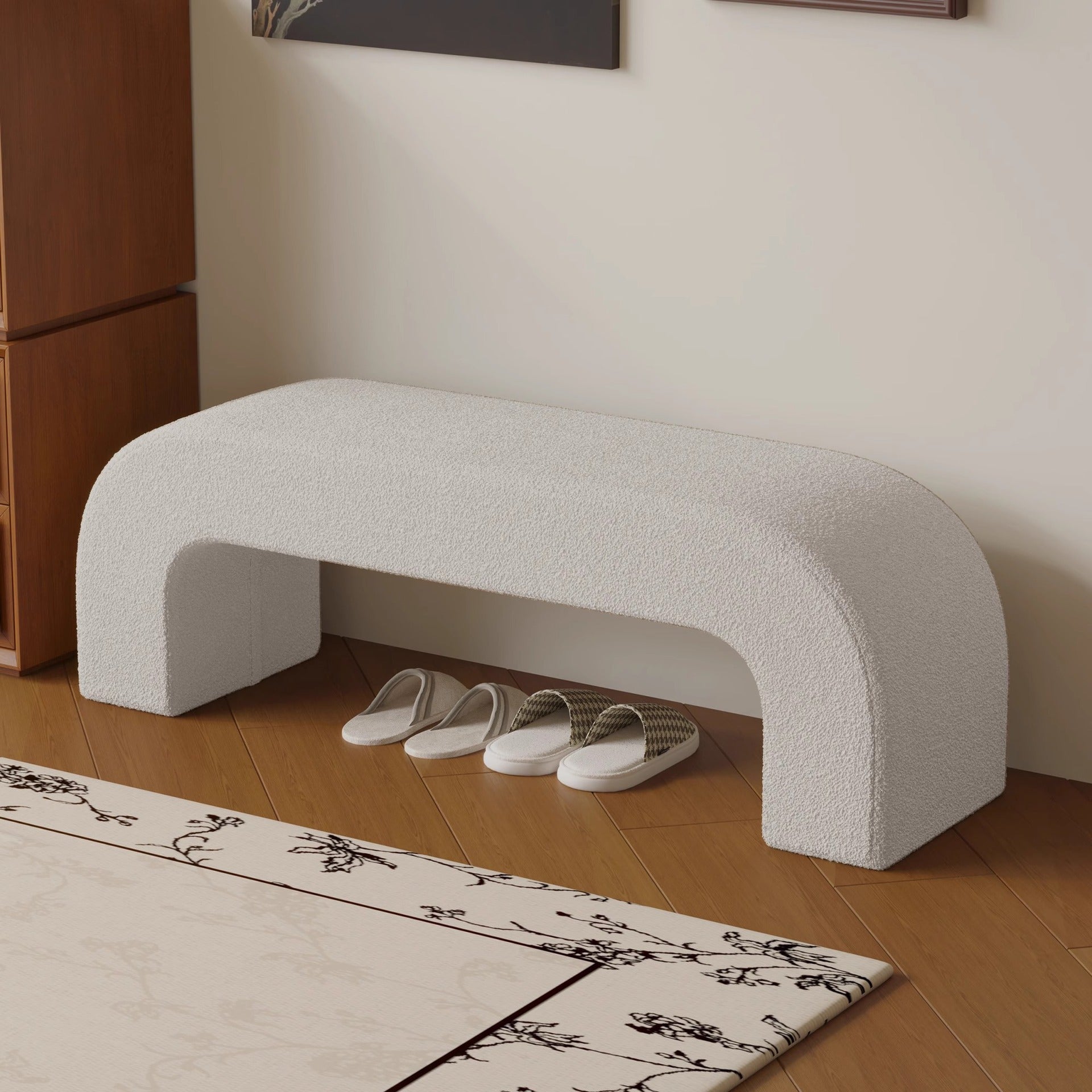 Modern Minimalist Wood Lambswool And PU Leather Rectangular Bench For Entryway And Living Room
