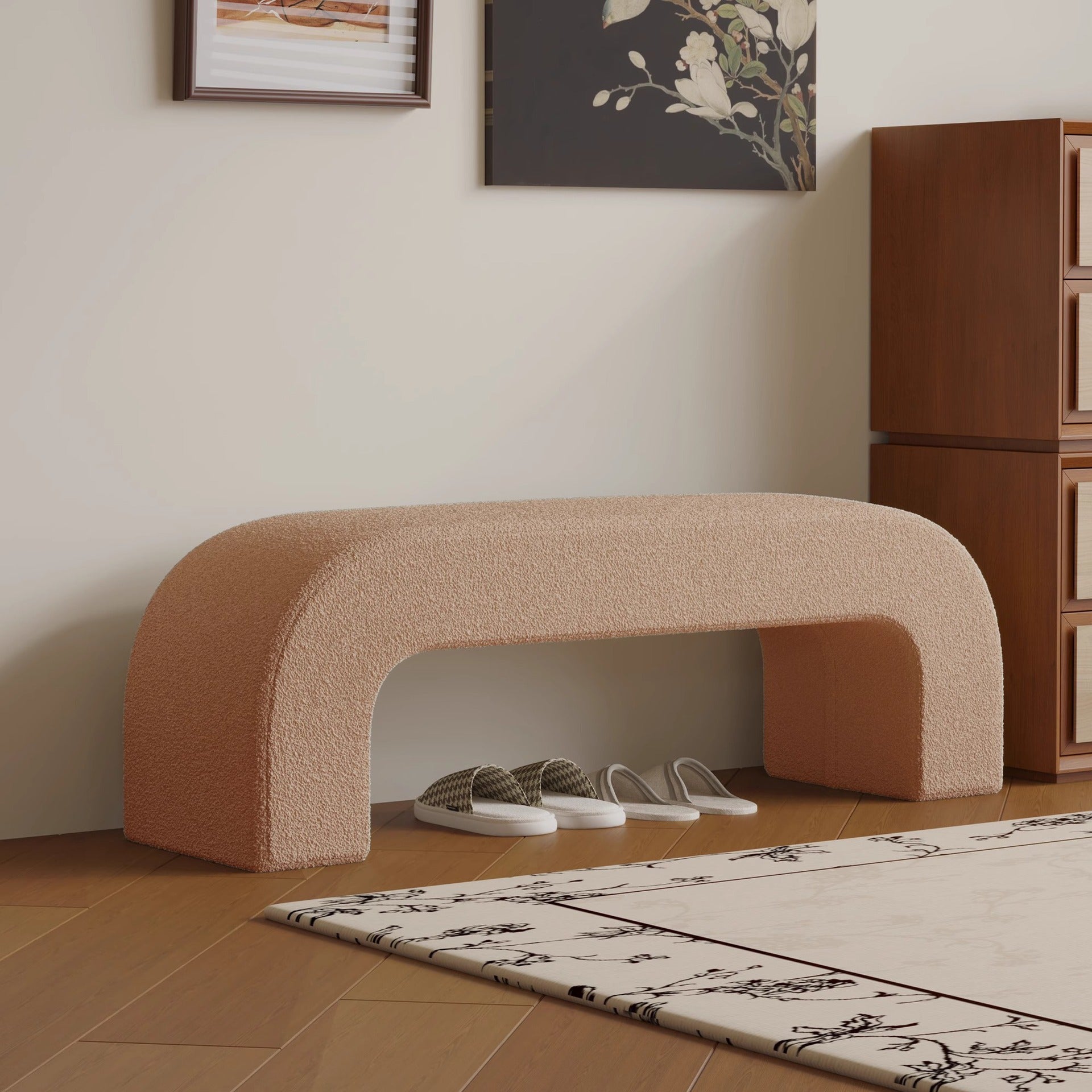Modern Minimalist Wood Lambswool And PU Leather Rectangular Bench For Entryway And Living Room