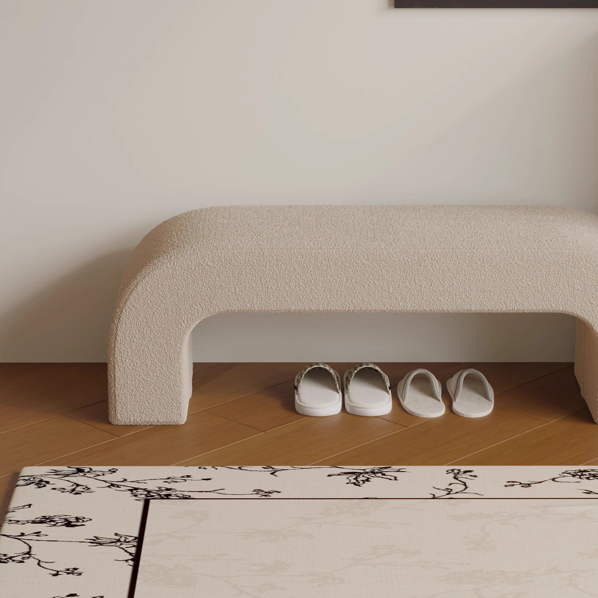 Modern Minimalist Wood Lambswool And PU Leather Rectangular Bench For Entryway And Living Room