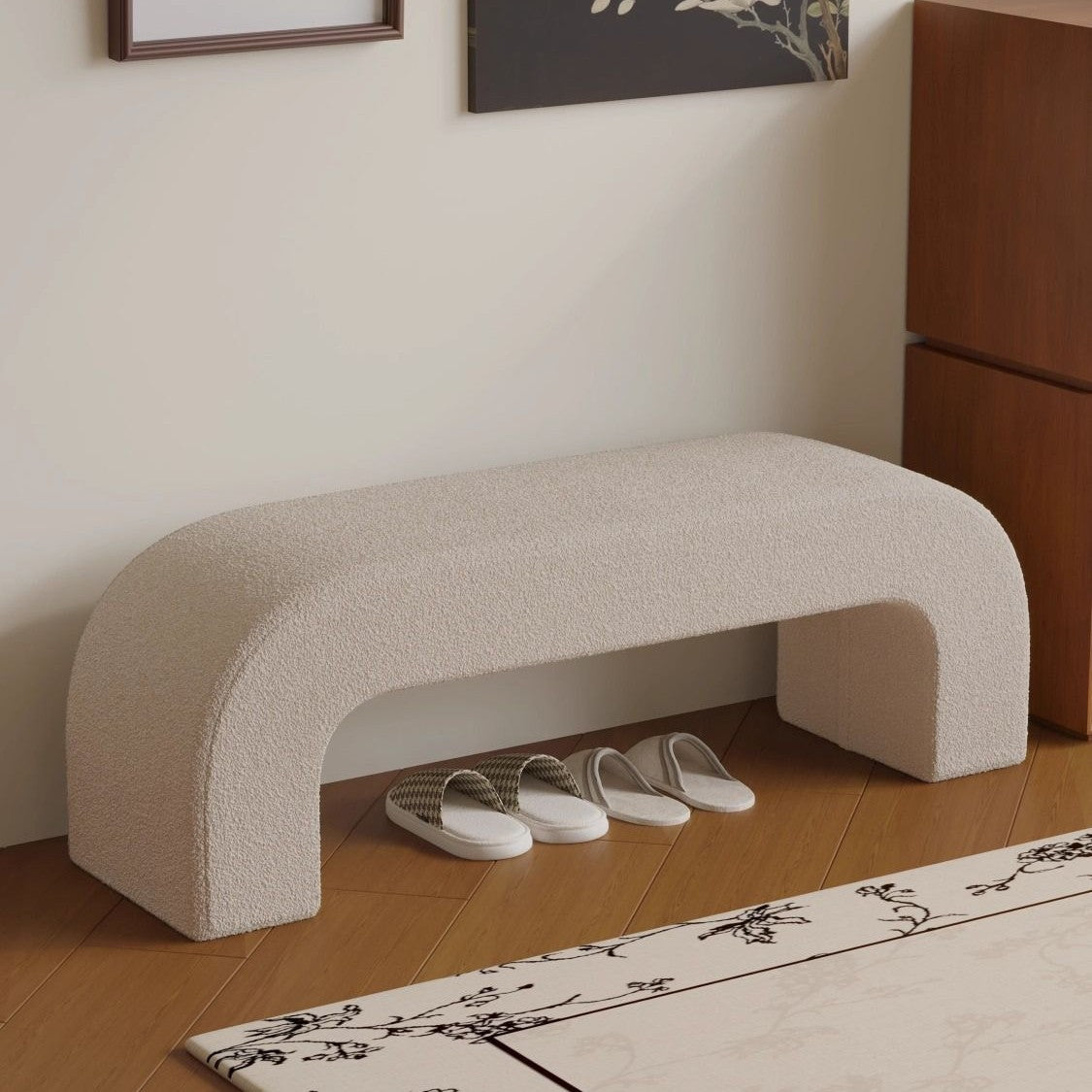 Modern Minimalist Wood Lambswool And PU Leather Rectangular Bench For Entryway And Living Room