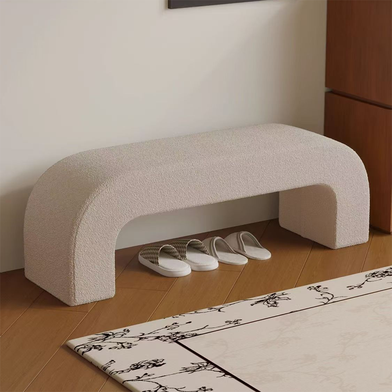 Modern Minimalist Wood Lambswool And PU Leather Rectangular Bench For Entryway And Living Room
