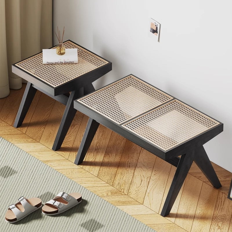 Japanese Rubber Wood Rattan V-Leg Bench With Handwoven Seat
