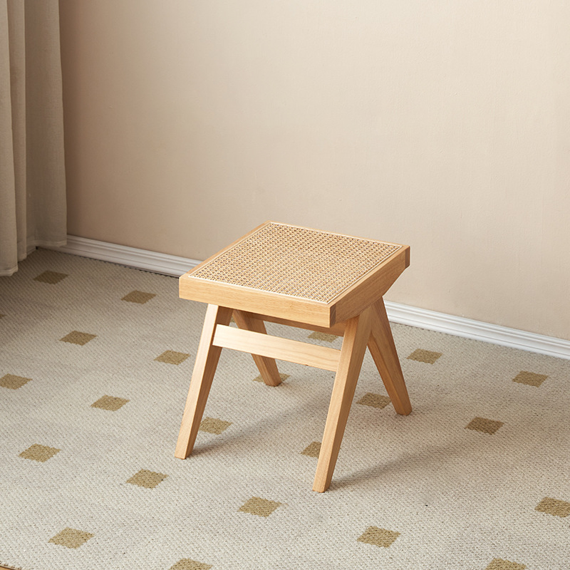 Japanese Rubber Wood Rattan V-Leg Bench With Handwoven Seat