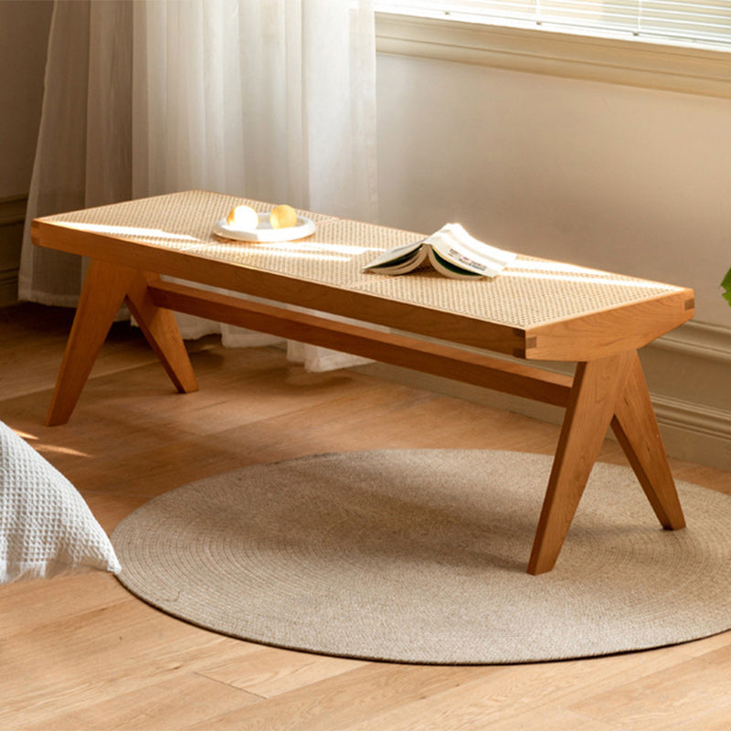 Japanese Rubber Wood Rattan V-Leg Bench With Handwoven Seat