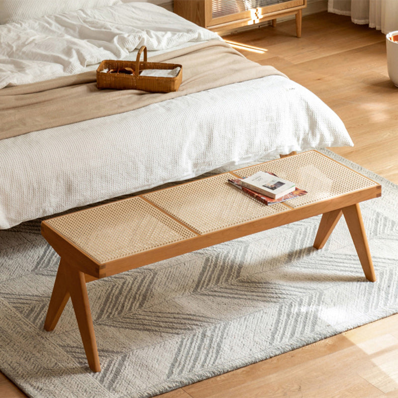 Japanese Rubber Wood Rattan V-Leg Bench With Handwoven Seat