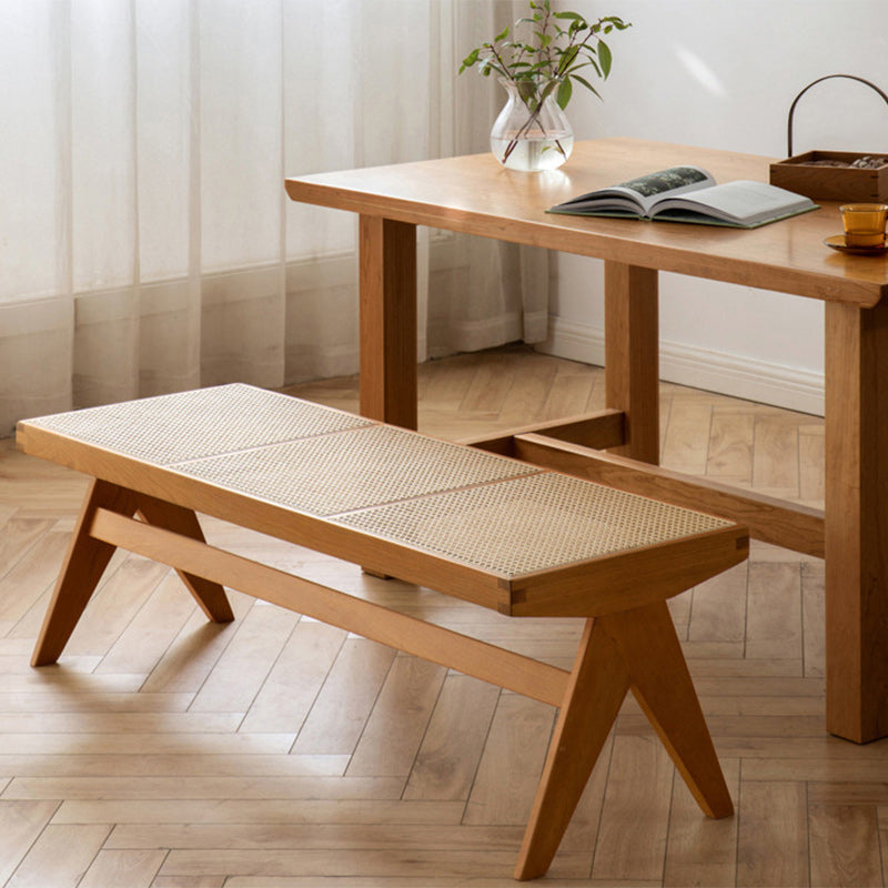 Japanese Rubber Wood Rattan V-Leg Bench With Handwoven Seat