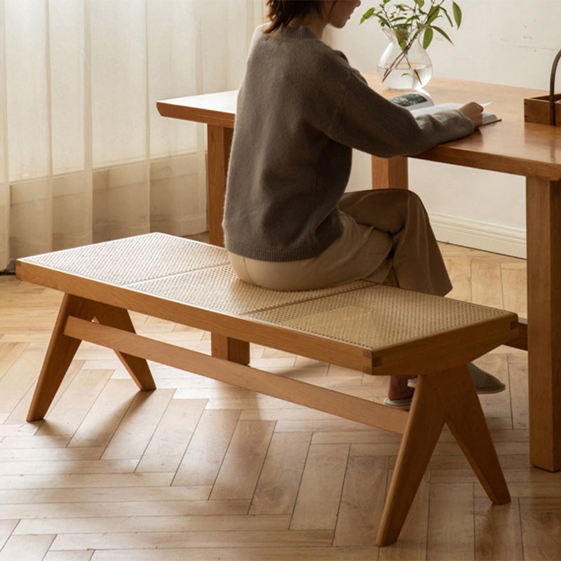 Japanese Rubber Wood Rattan V-Leg Bench With Handwoven Seat