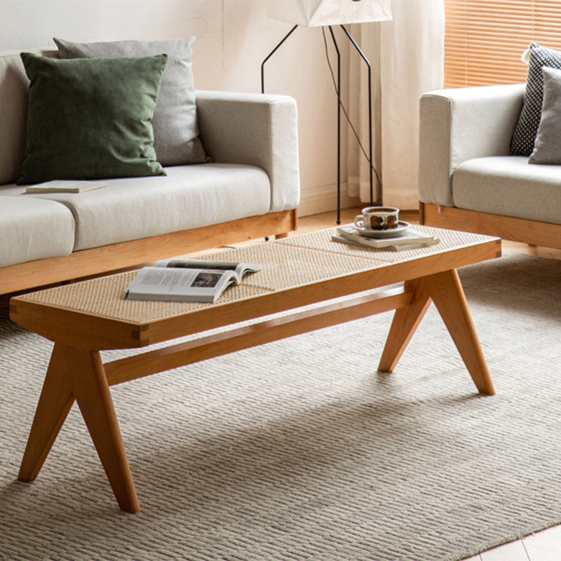 Japanese Rubber Wood Rattan V-Leg Bench With Handwoven Seat