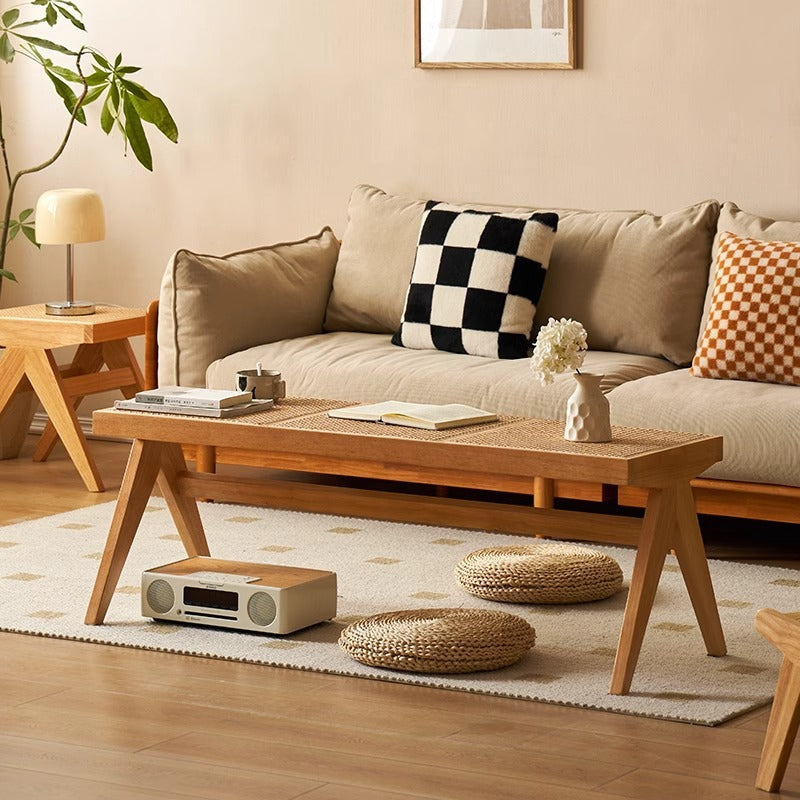 Japanese Rubber Wood Rattan V-Leg Bench With Handwoven Seat