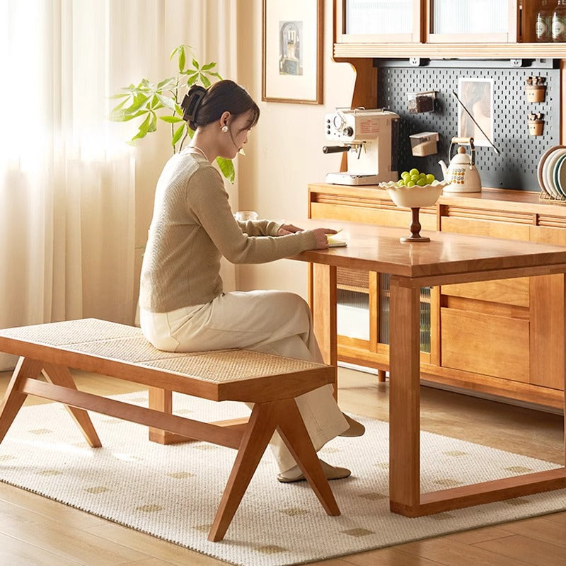 Japanese Rubber Wood Rattan V-Leg Bench With Handwoven Seat