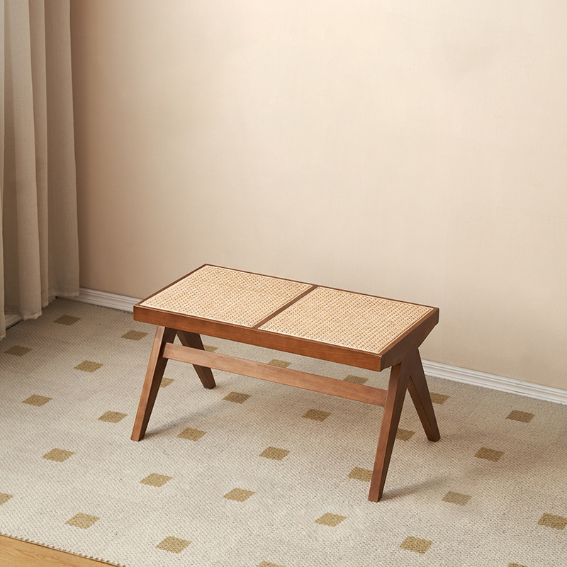 Japanese Rubber Wood Rattan V-Leg Bench With Handwoven Seat