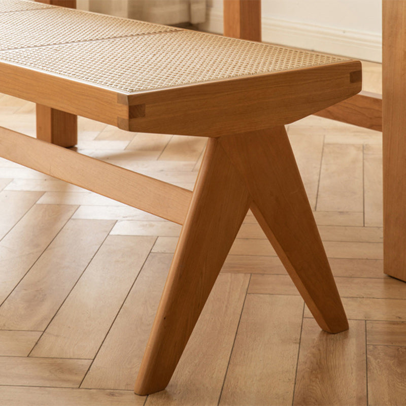 Japanese Rubber Wood Rattan V-Leg Bench With Handwoven Seat